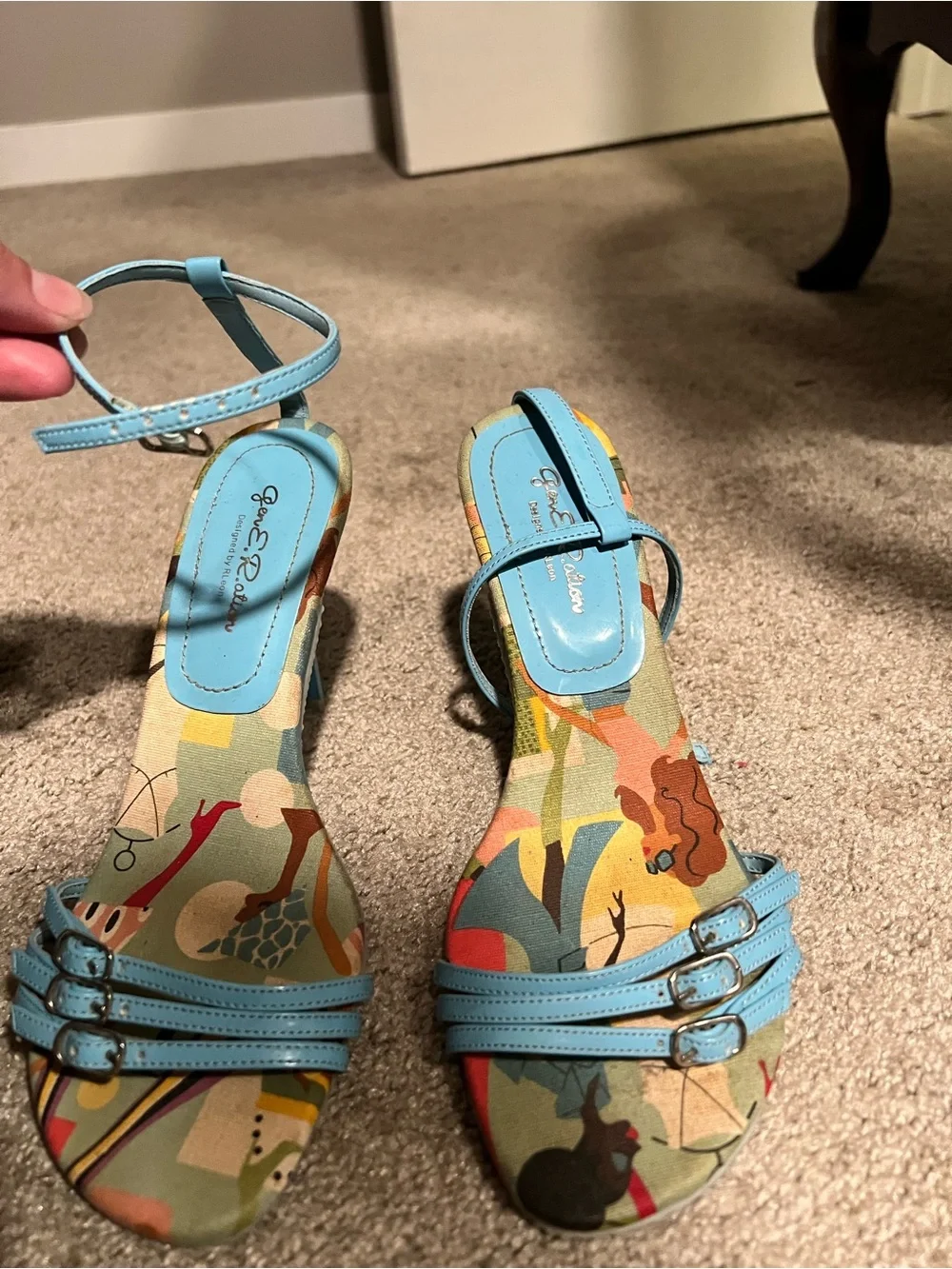 Baby blue Strappy Sandals with Colorful Printed Footbed